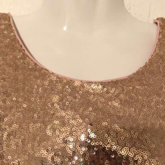 Lulus sequined dress Size Small gold 3/4 sleeve bodycon V back‎ lined party - Picture 6 of 7